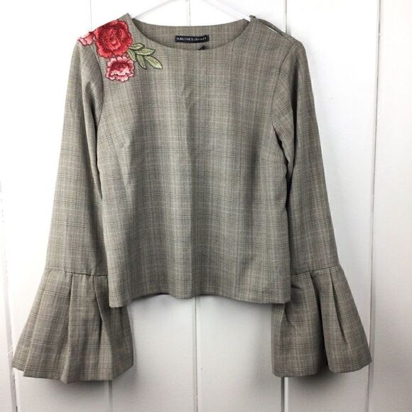 Harlowe & Graham Embroidered Top Tan Cream Floral Plaid, Size XS - Picture 2 of 14